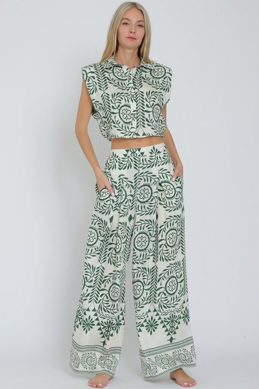 Botanical Print Cropped Top & Wide-Leg Pants Co-Ord Set
