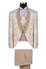 Regal Ivory Floral Jacquard Suit with Satin Accents