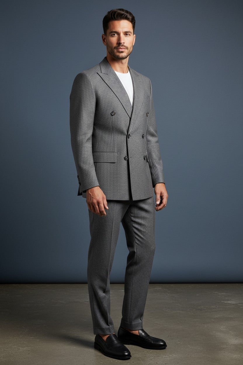 Grey Pinstripe Double-Breasted Blazer