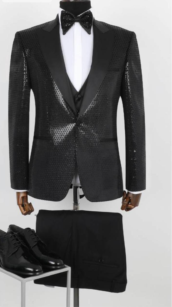 Slim Fit Shiny Tuxedo Suit with Vest