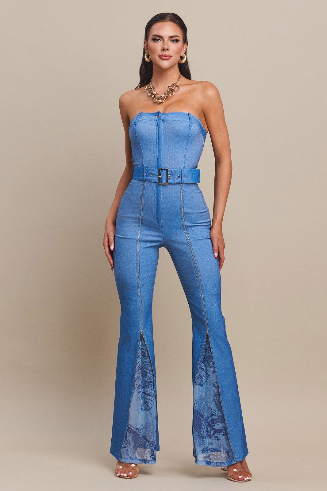 STRECH DENIM ZIPPER JUMPSUIT