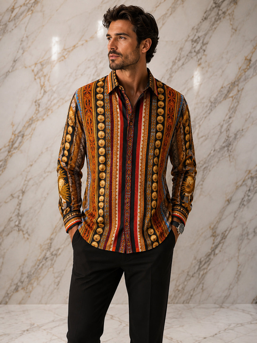 Baroque Stripe Silk-Touch Button-Down Shirt