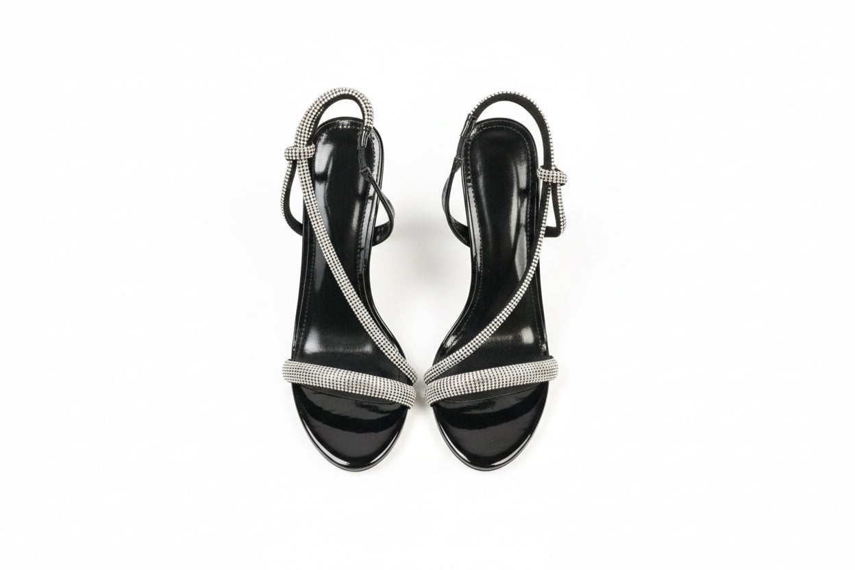 BLACK WITH SILVER RHINESTONE HEEL