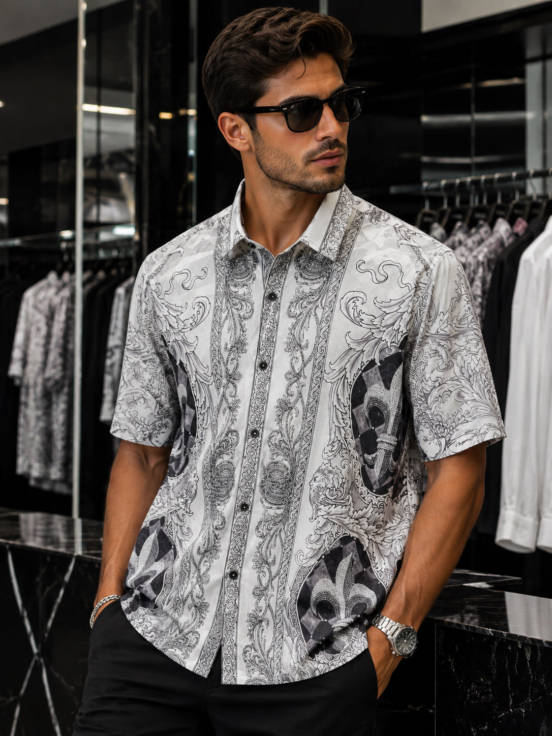 Monochrome Baroque Scroll Print Short-Sleeve Shirt