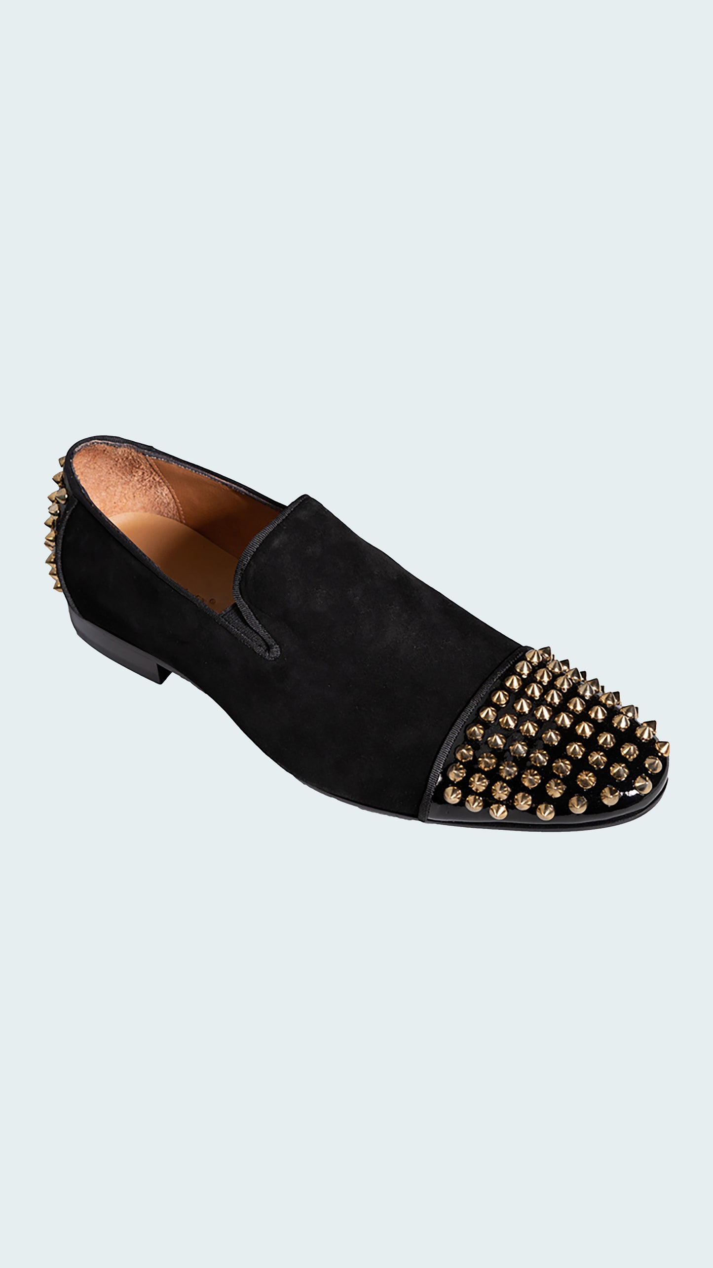 Men's Black Suede Loafers with Bold Gold Spiked Embellishments by Vercini