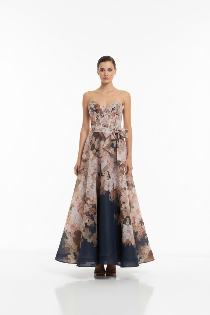 pink and brown floral dress  features a bustier-style top,