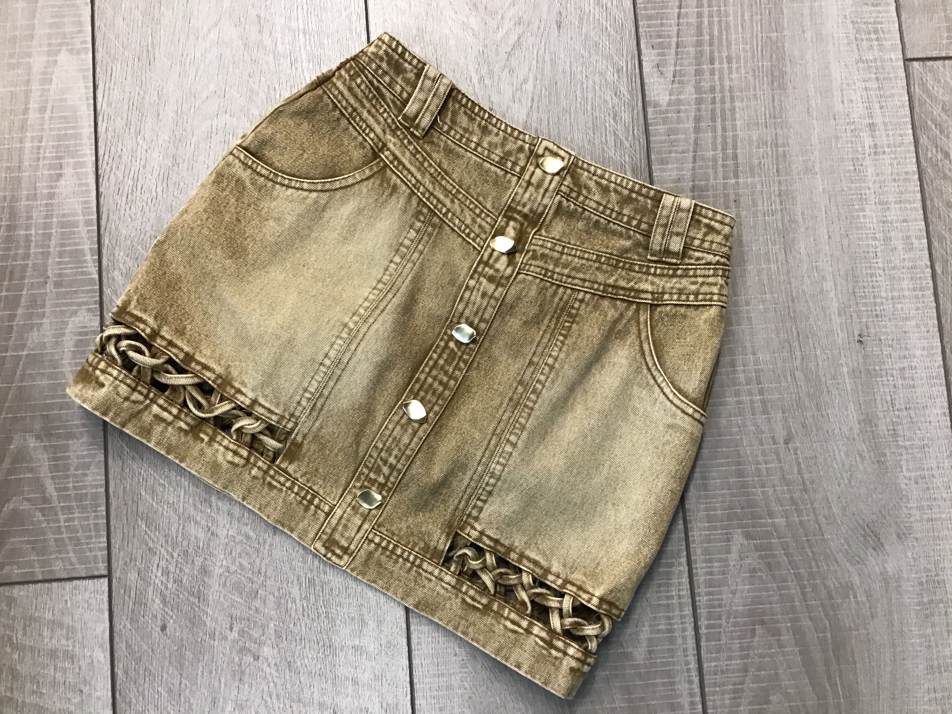 BRAIDED HEM BUTTON DOWN DENIM SKIRT