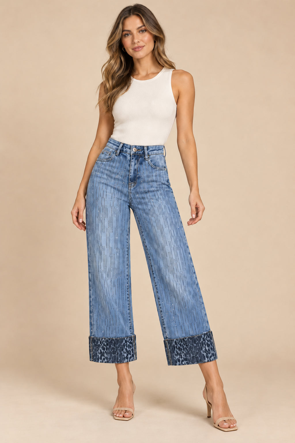 High Rise Wide Leg Jeans with Contrast Cuffs