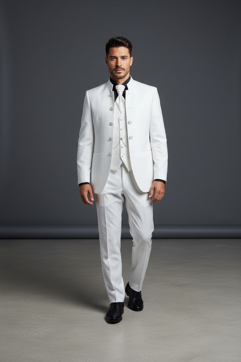 Mandarin Collar Tuxedo with Jacquard Vest – Black & Off White