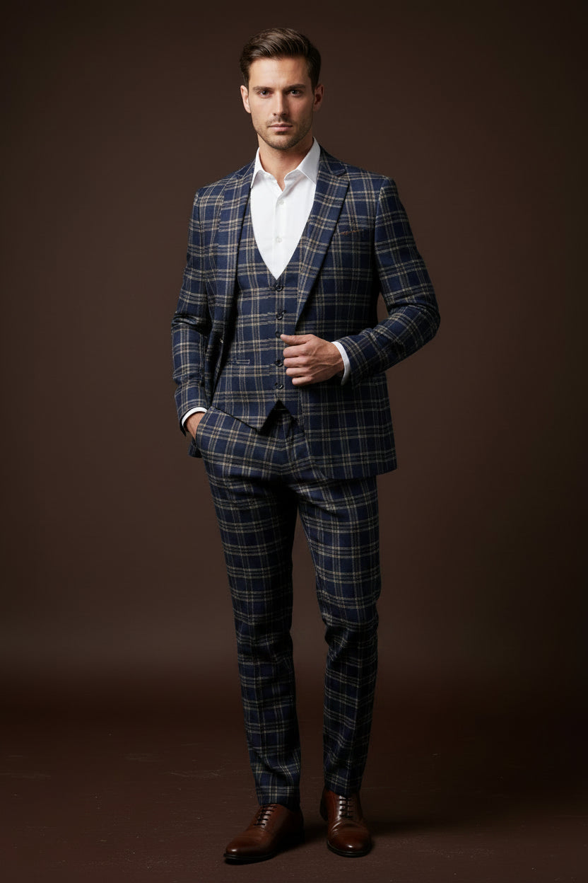 Men’s Navy Blue & Brown Plaid Three-Piece Suit