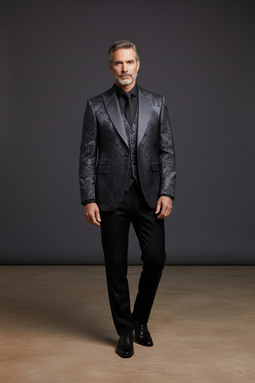 Floral Jacquard Shawl Lapel Tuxedo with Vest and Matching Tie