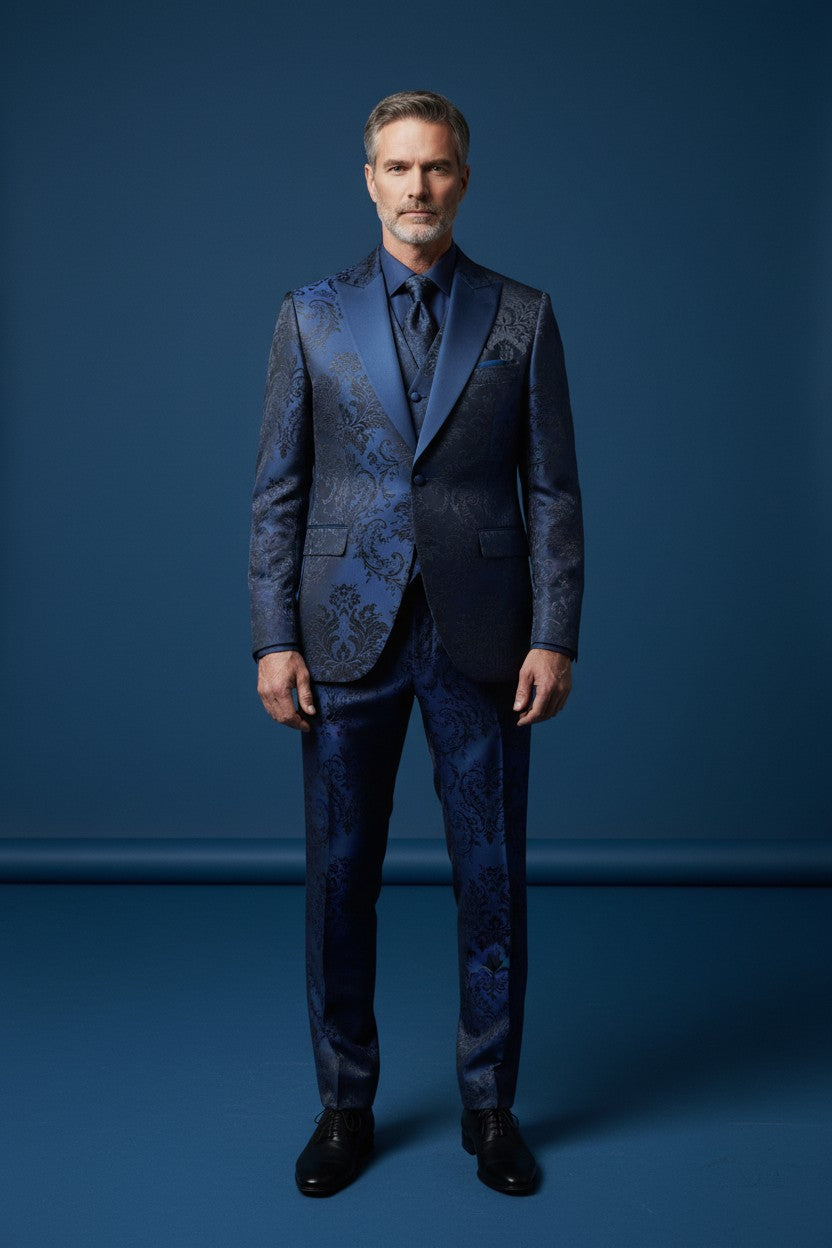Floral Jacquard Shawl Lapel Tuxedo with Vest and Matching Tie