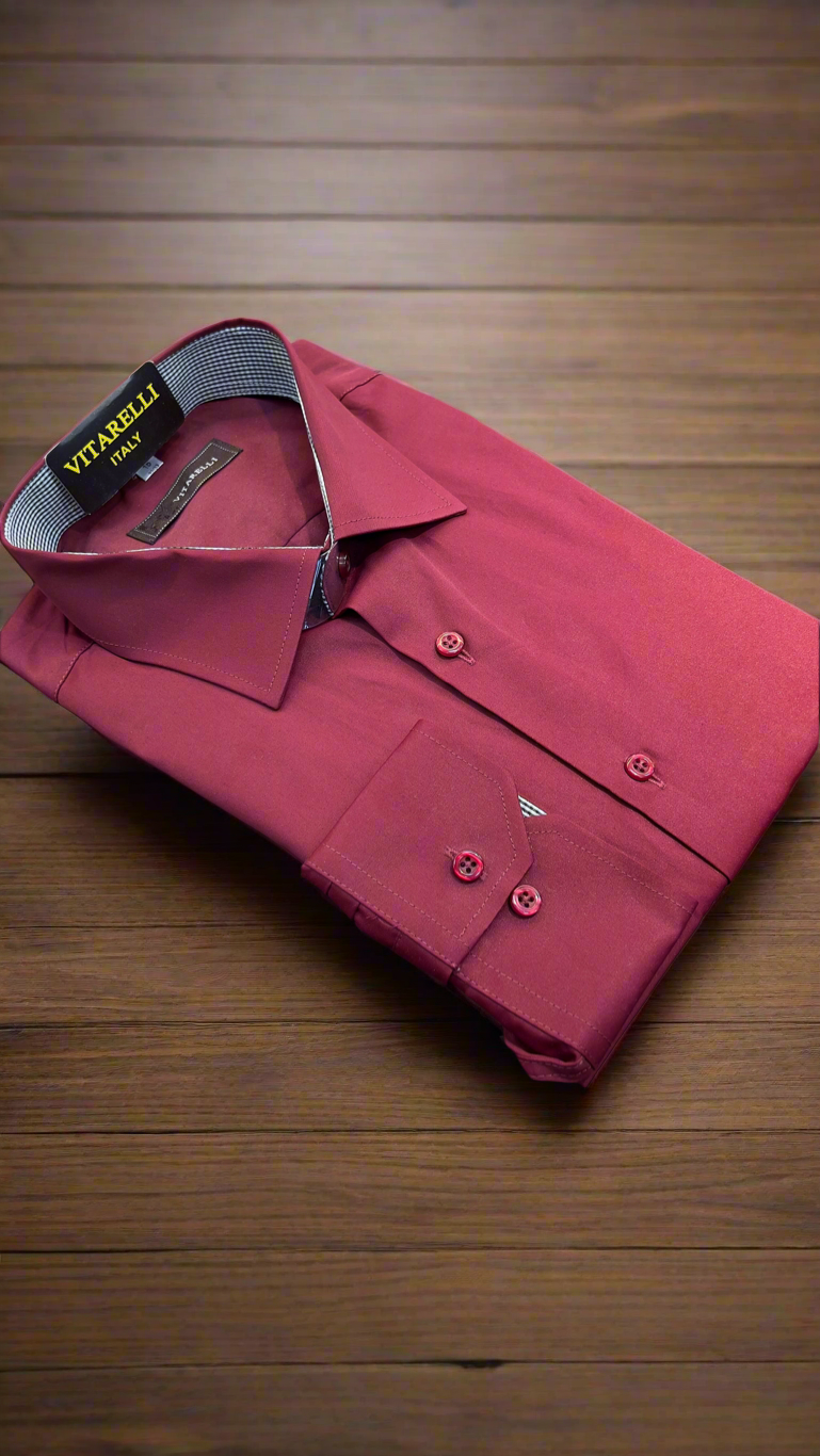 Vitarelli Slim Fit Dress Shirt with French Cuff Option and Standard Buttons – Burgundy and Blue