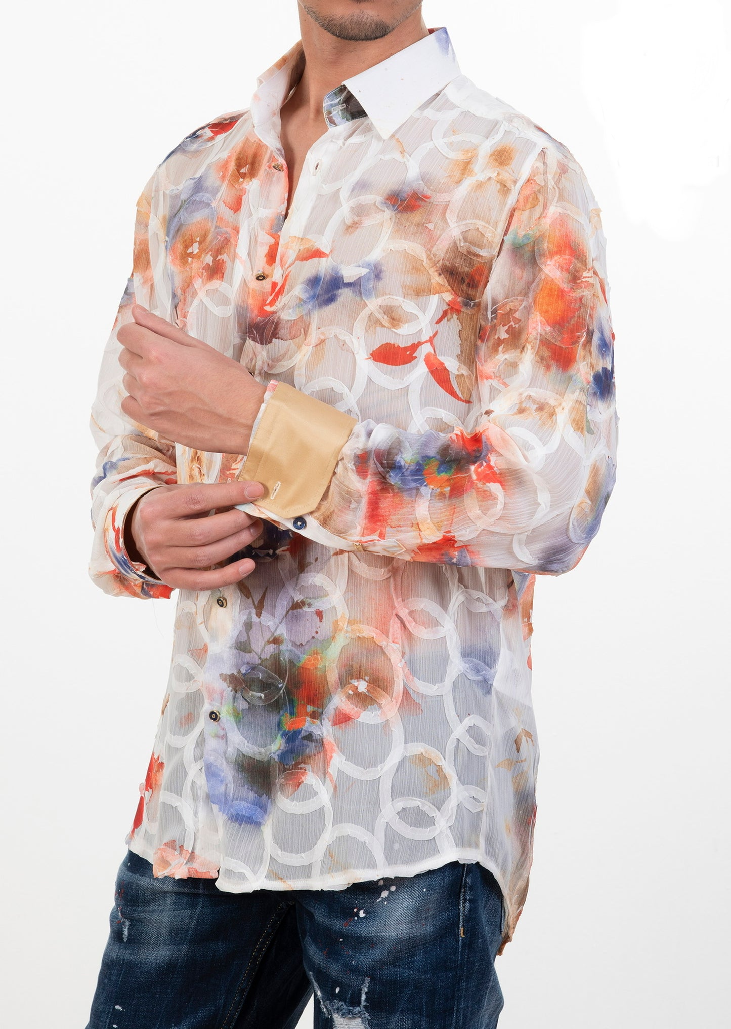 White circle shirt with orange and blue trim SHIRTS Mondo Collection Vercini