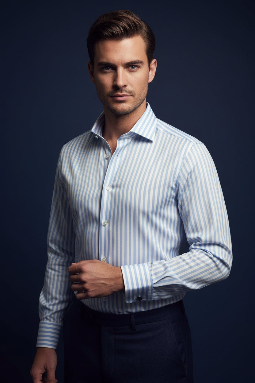 Men’s 100% Cotton Striped Dress Shirt – Light Blue, Brown & Navy