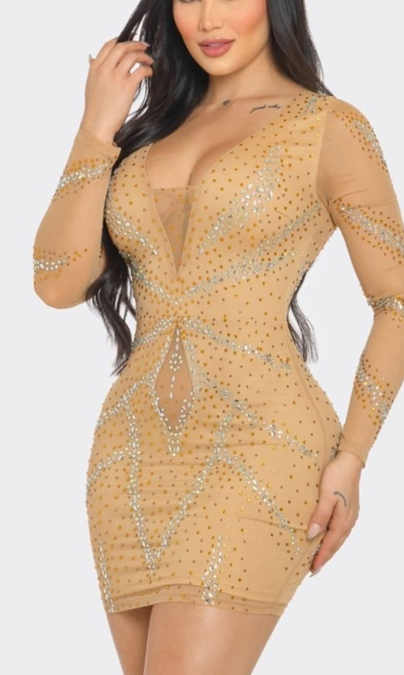 MESH BODYCON MINI DRESS WITH LONG SLEEVES