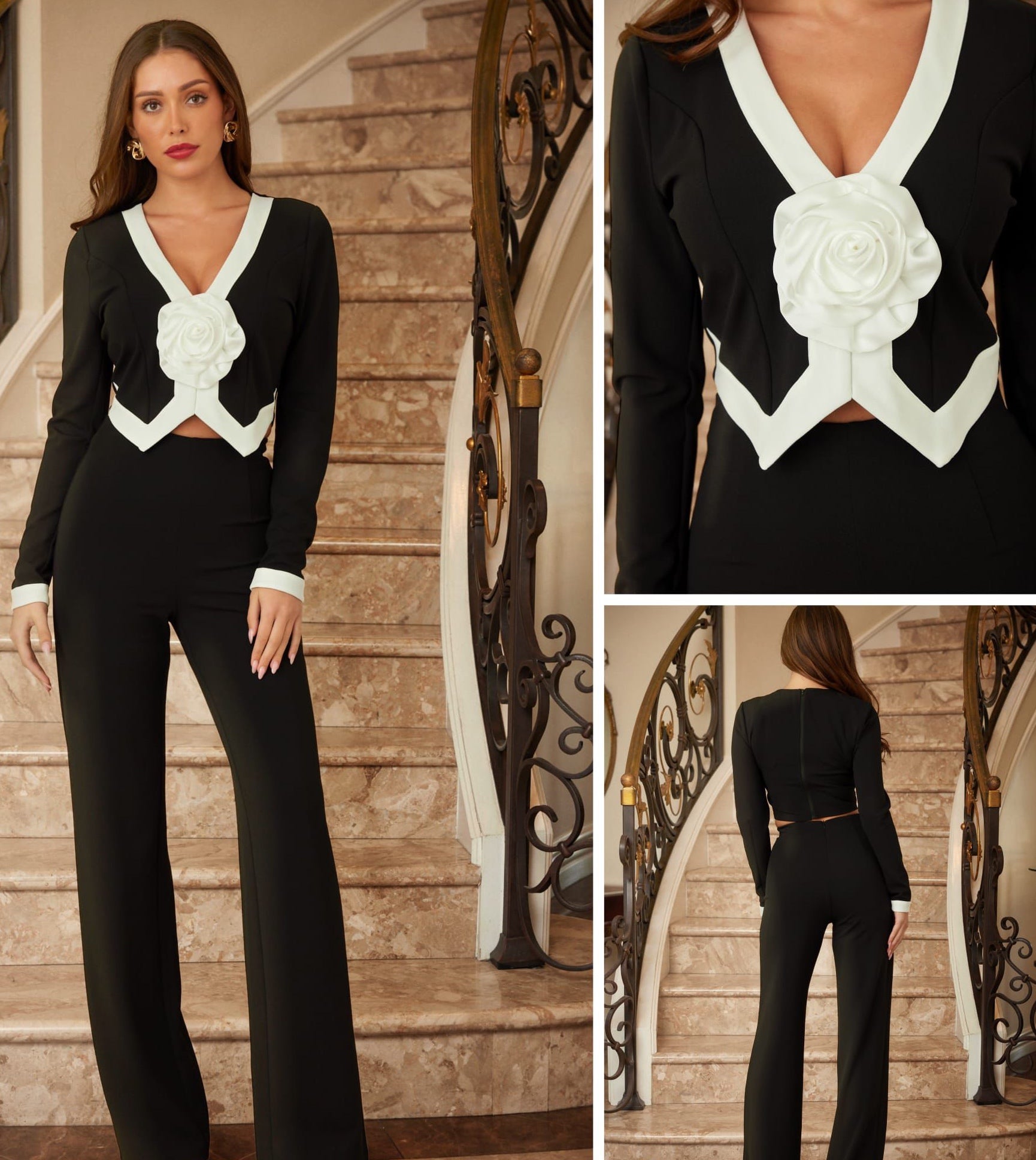 ELEGANCE BLACK AND WHITE  SET WITH WHITE 3D FLOWER JACKET
