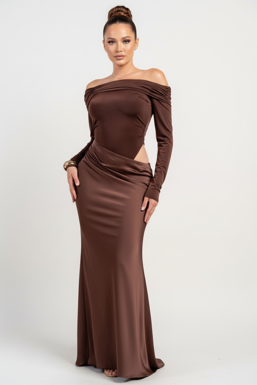 OFF THE SHOULDER FULL LENGTH BODYCON DRESS