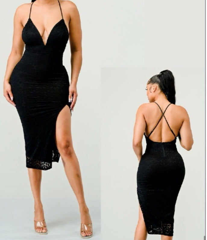 BLACK LACE MIDI DRESS