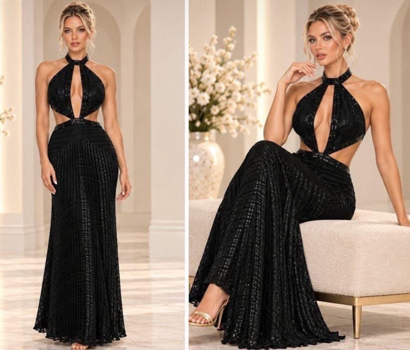 Black Shimmer Halter Cutout Gown