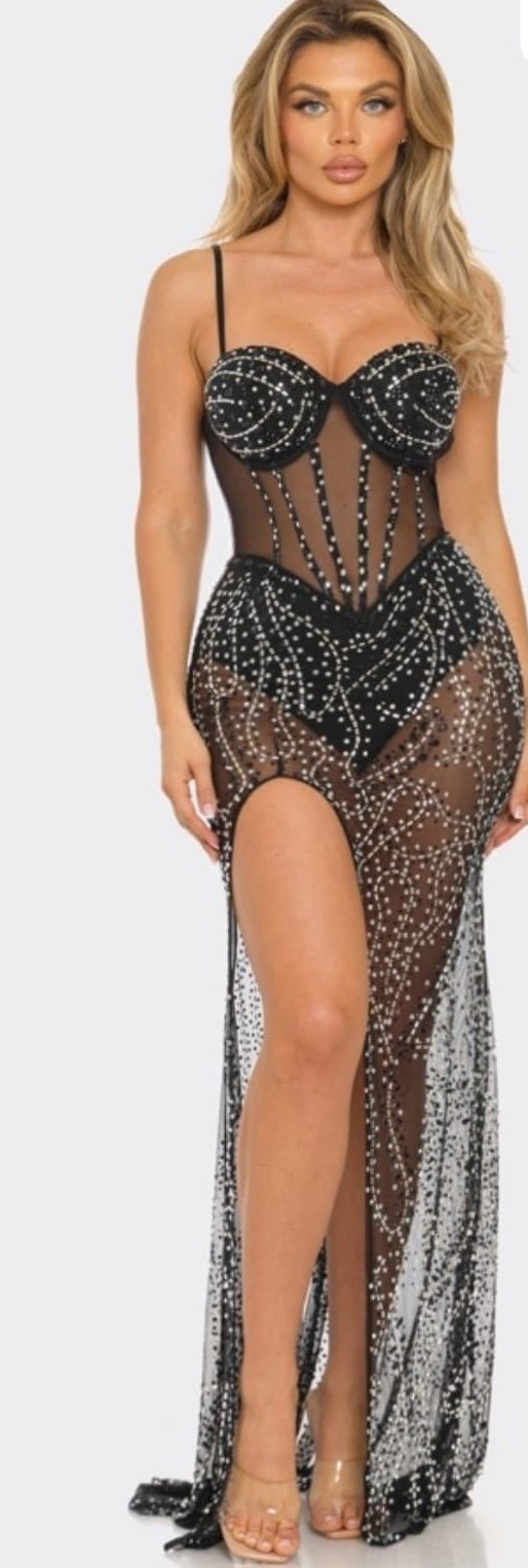 SHEER EVENING GOWN WITH RHINESTONES