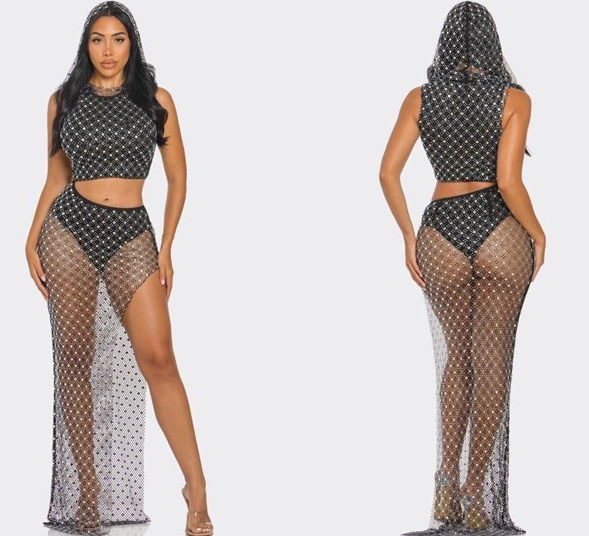 EDGY TWO PIECE COVER UP FULL OF RHINESTONES