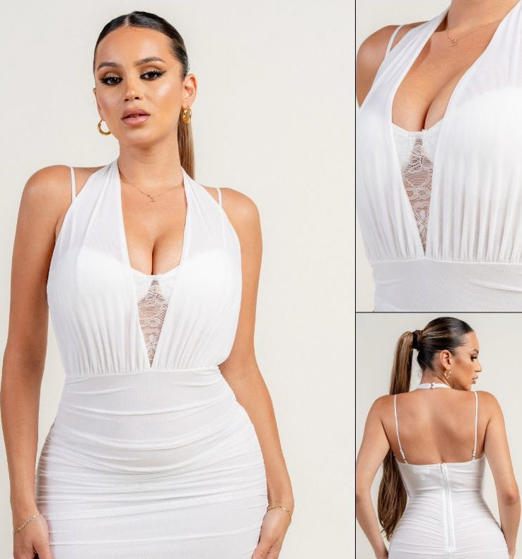 LACE INSET MESH HALTER NECK RUCHED MINI DRESS
