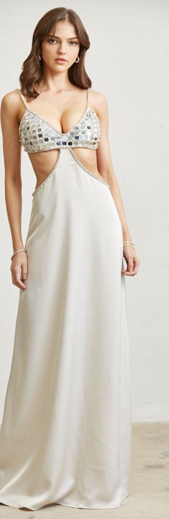 SATIN GOWN WITH SILVER RHINESTINES AND SEQUINS