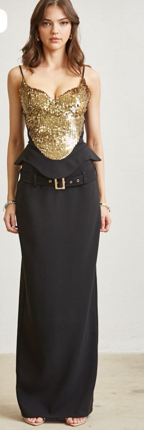 GOLD SEQUIN CORSET STYLE AND BLACK PENCIL SKIRT
