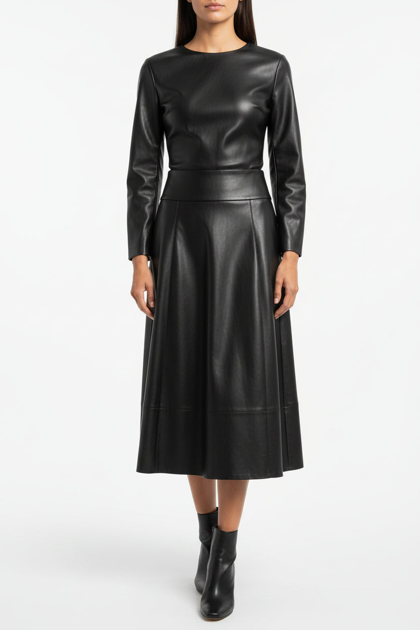 BLACK FAUX LEATHER MIDI SKIRT