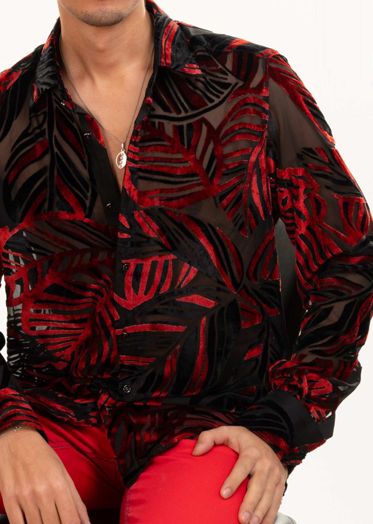 Mondo Limited Edition Red Palm Motif Sheer Velvet Shirt
