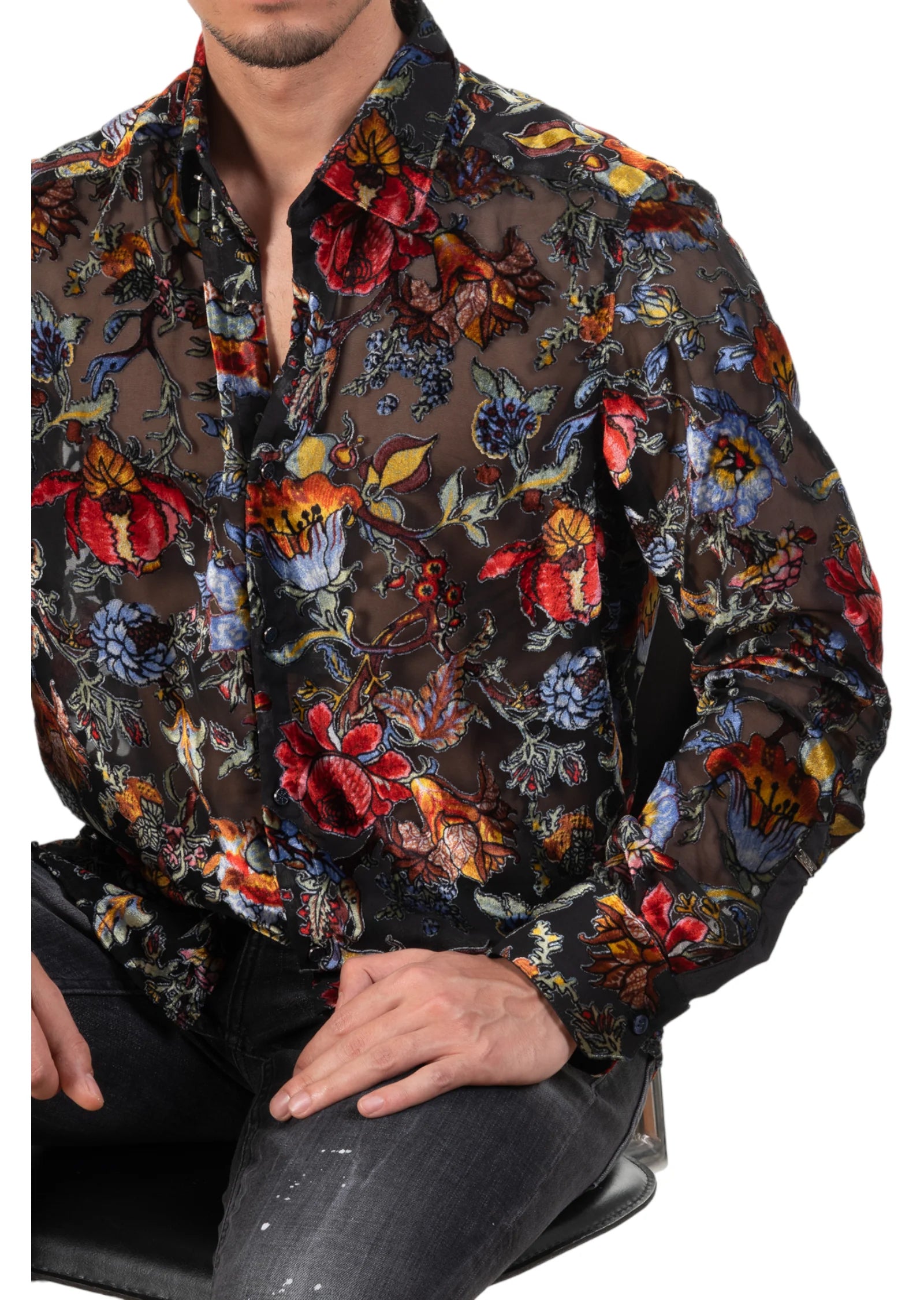 Limited Edition Black Red Blue Floral Sheer Velvet Shirt