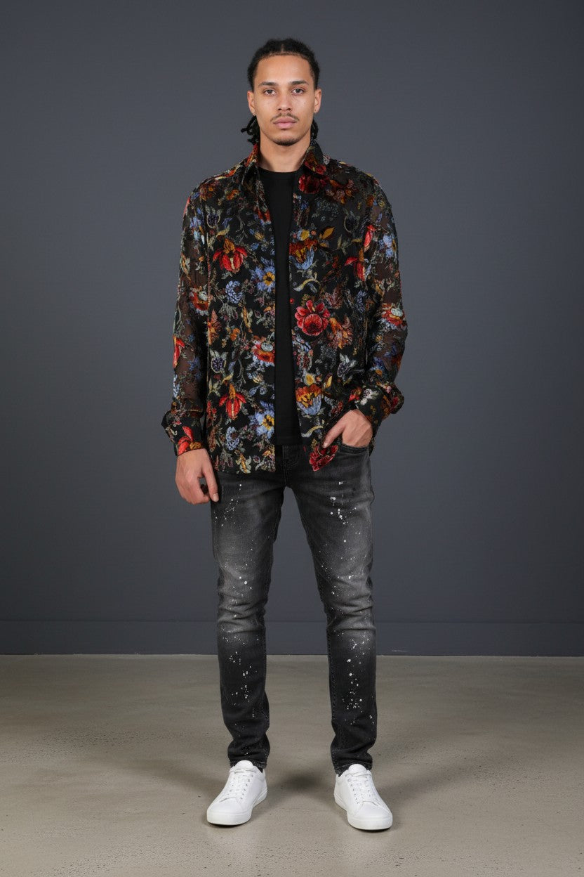 Limited Edition Black Red Blue Floral Sheer Velvet Shirt