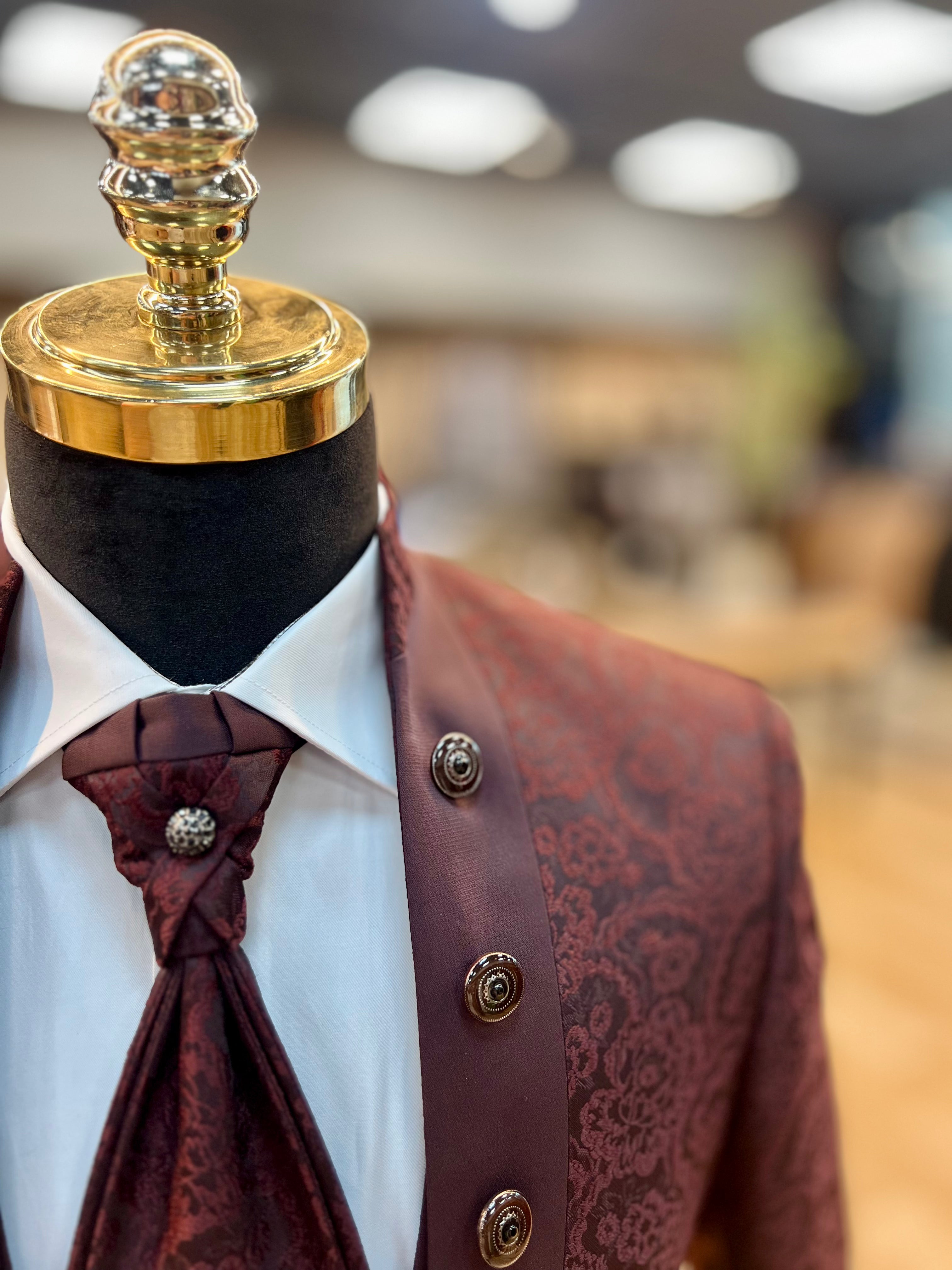 Burgundy Patterned Tuxedo - Slim Fit Collarless Tuxedo Suit for Men