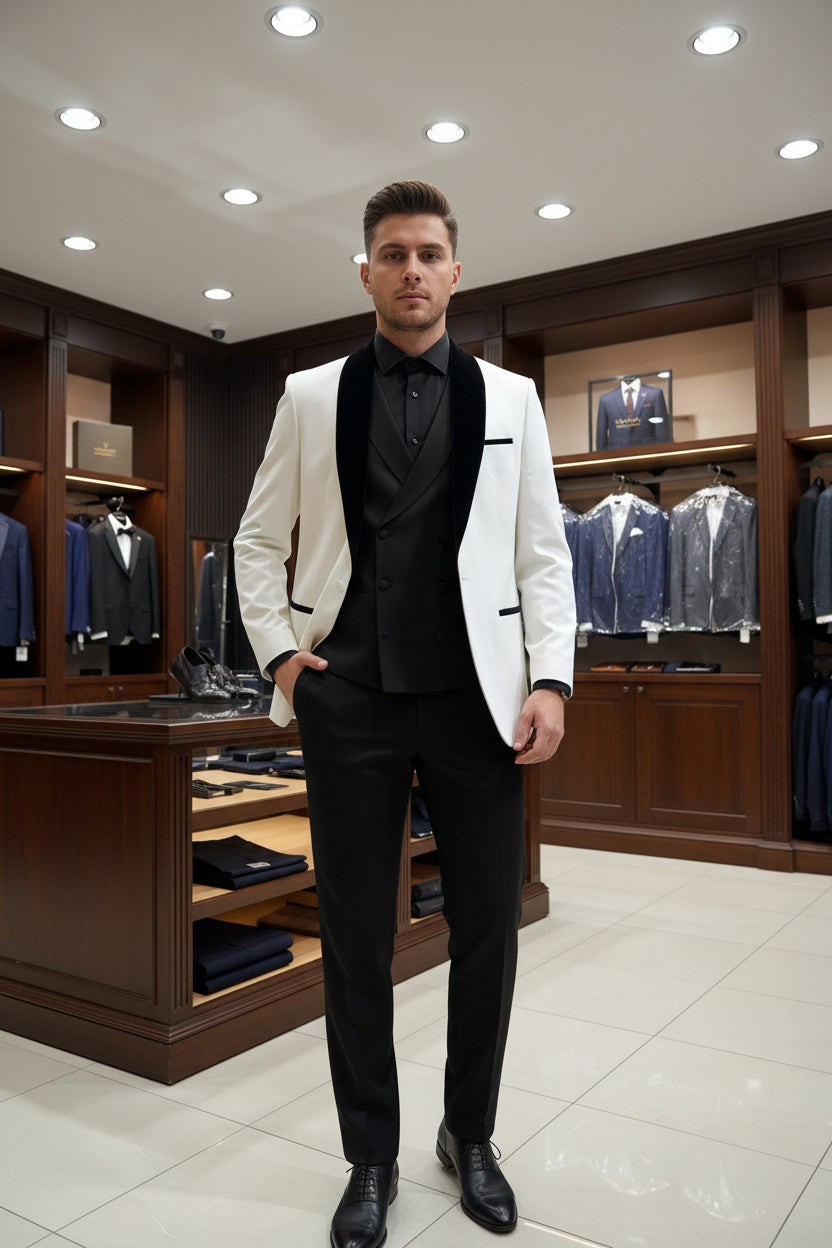 White Tuxedo with Black Velvet Shawl Lapel – Modern Fit Formal tuxedo .