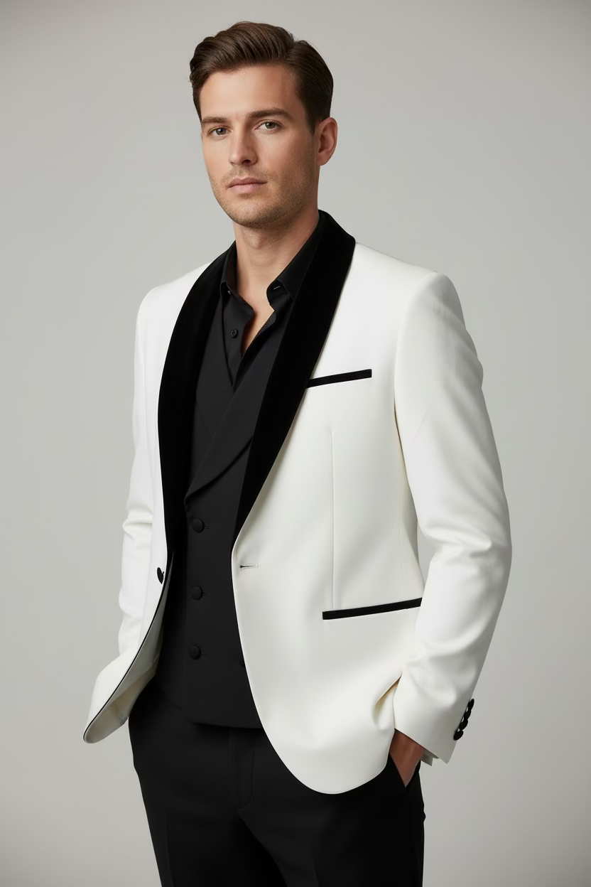 White Tuxedo with Black Velvet Shawl Lapel – Modern Fit Formal tuxedo .