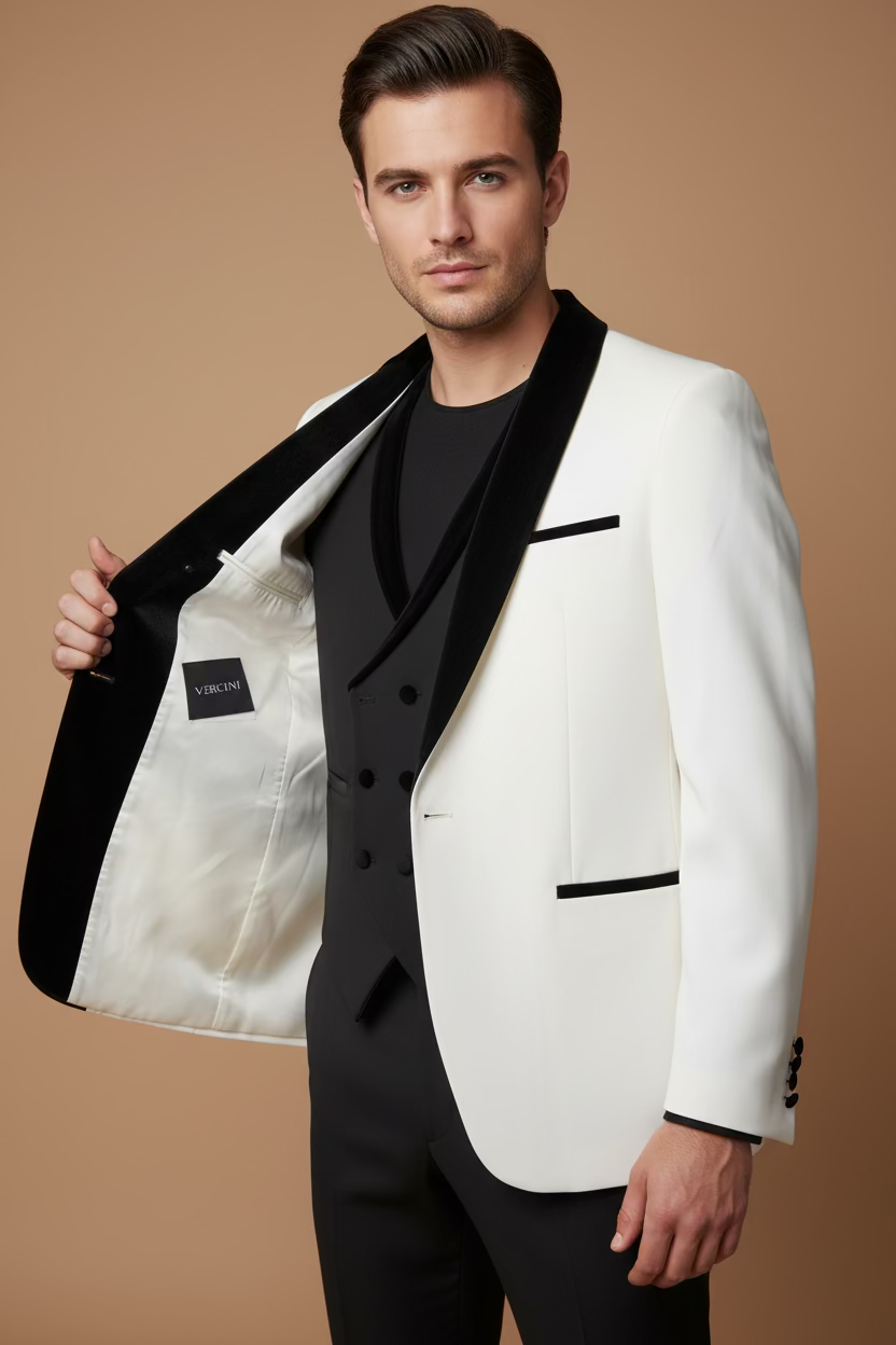 White Tuxedo with Black Velvet Shawl Lapel – Modern Fit Formal tuxedo .