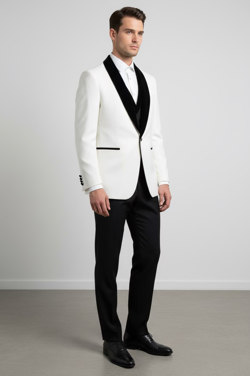 White Tuxedo with Black Velvet Shawl Lapel – Modern Fit Formal tuxedo .
