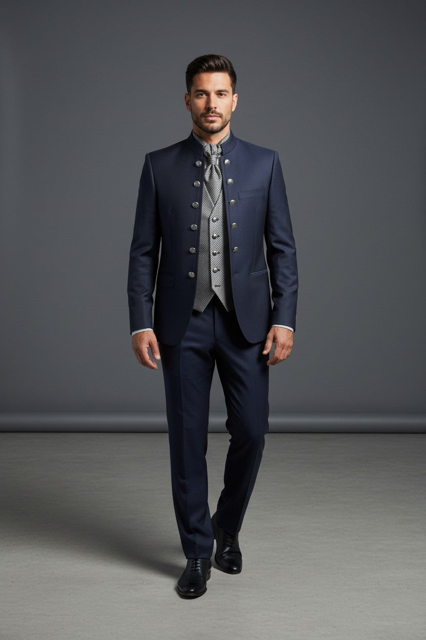 Navy Mandarin Collar Suit with Double Button Detail & Patterned Vest