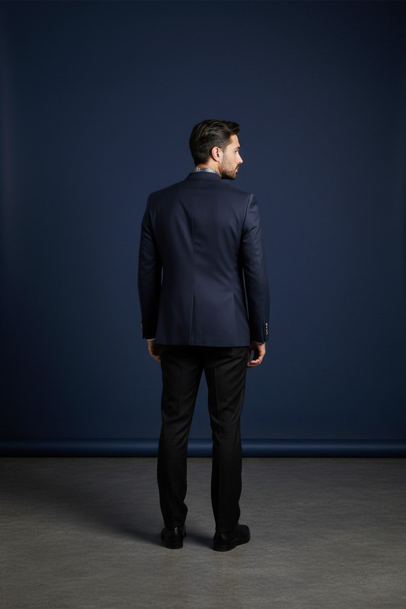 Navy Mandarin Collar Suit with Double Button Detail & Patterned Vest
