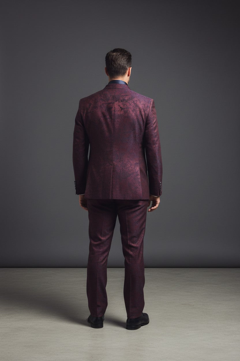 Burgundy Jacquard Mandarin Collar Suit with Satin Contrast Panel