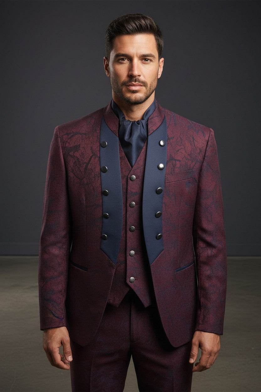 Burgundy Jacquard Mandarin Collar Suit with Satin Contrast Panel