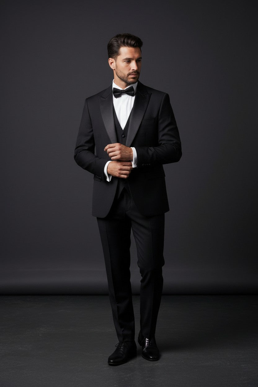 Classic Black Tuxedo with Satin Peak Lapel and Hand-Stitched Detai