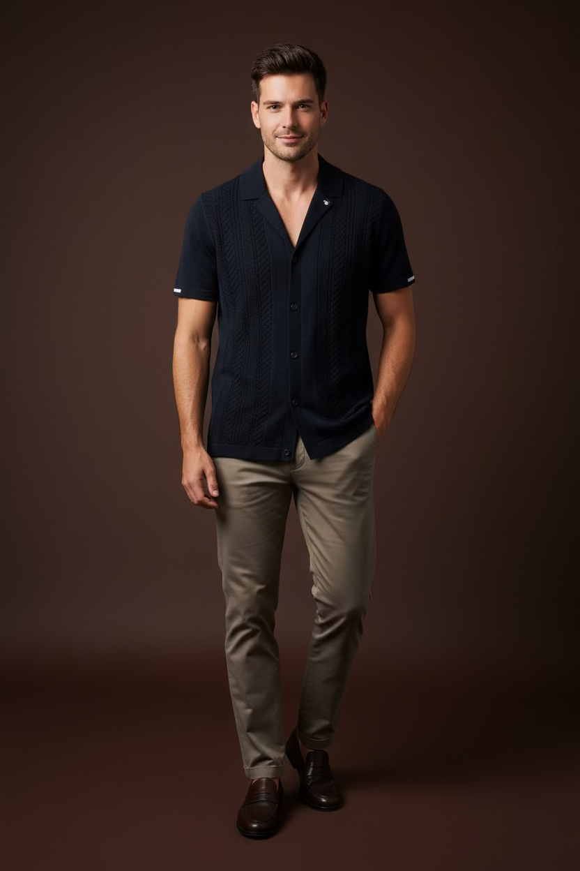 Men’s Textured Knit Short Sleeve Button-Up Shirt