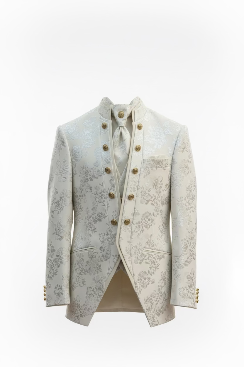 Ivory Floral Jacquard Tuxedo with Gold Accents