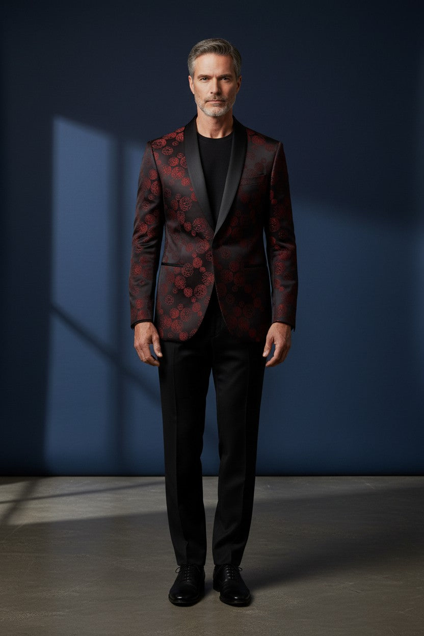 Luxury Floral Pattern Tuxedo – Sleek & Elegant in Red and Blue