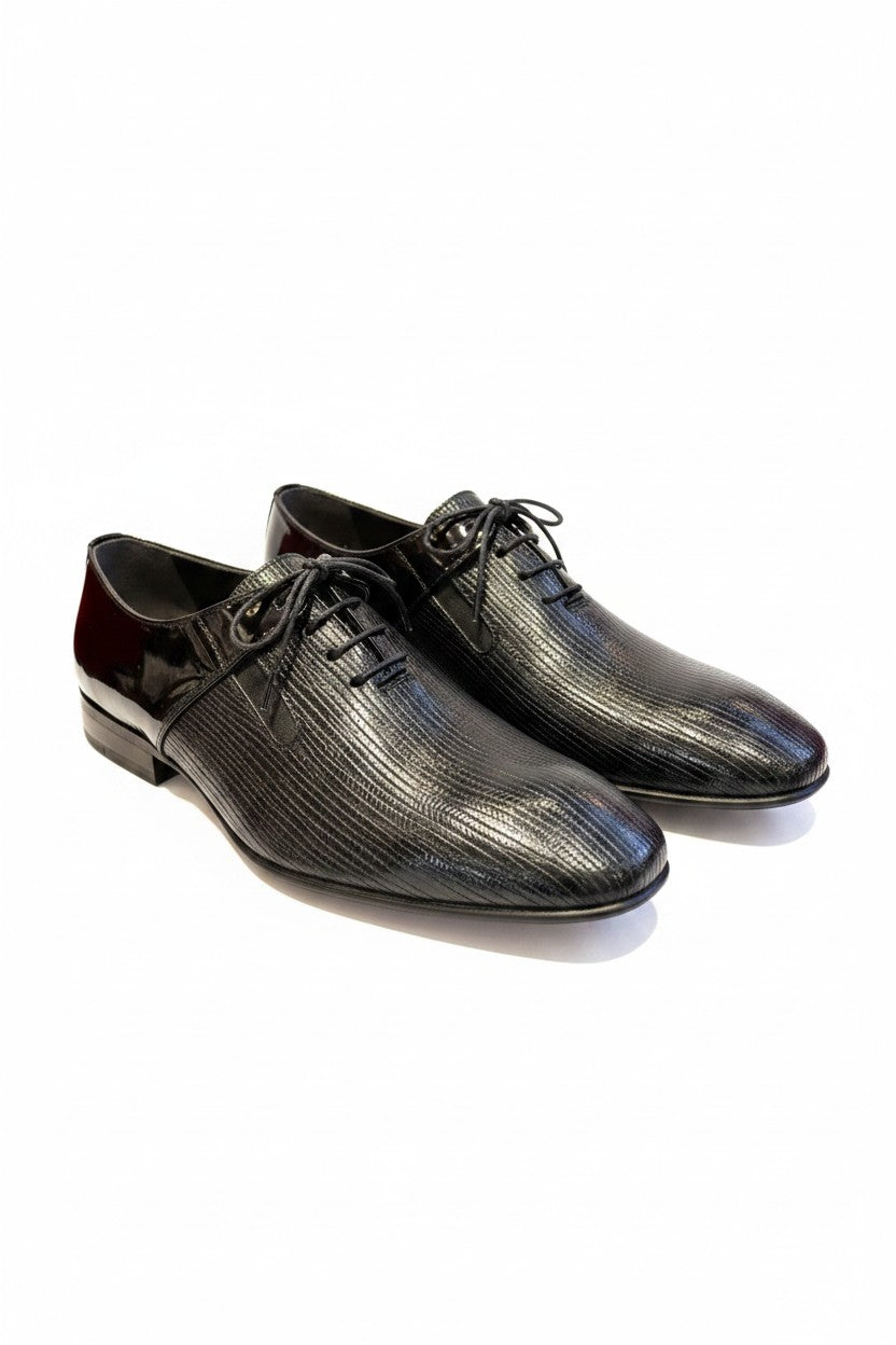 Black Lizard-Embossed Patent Oxford — Wholecut Edition