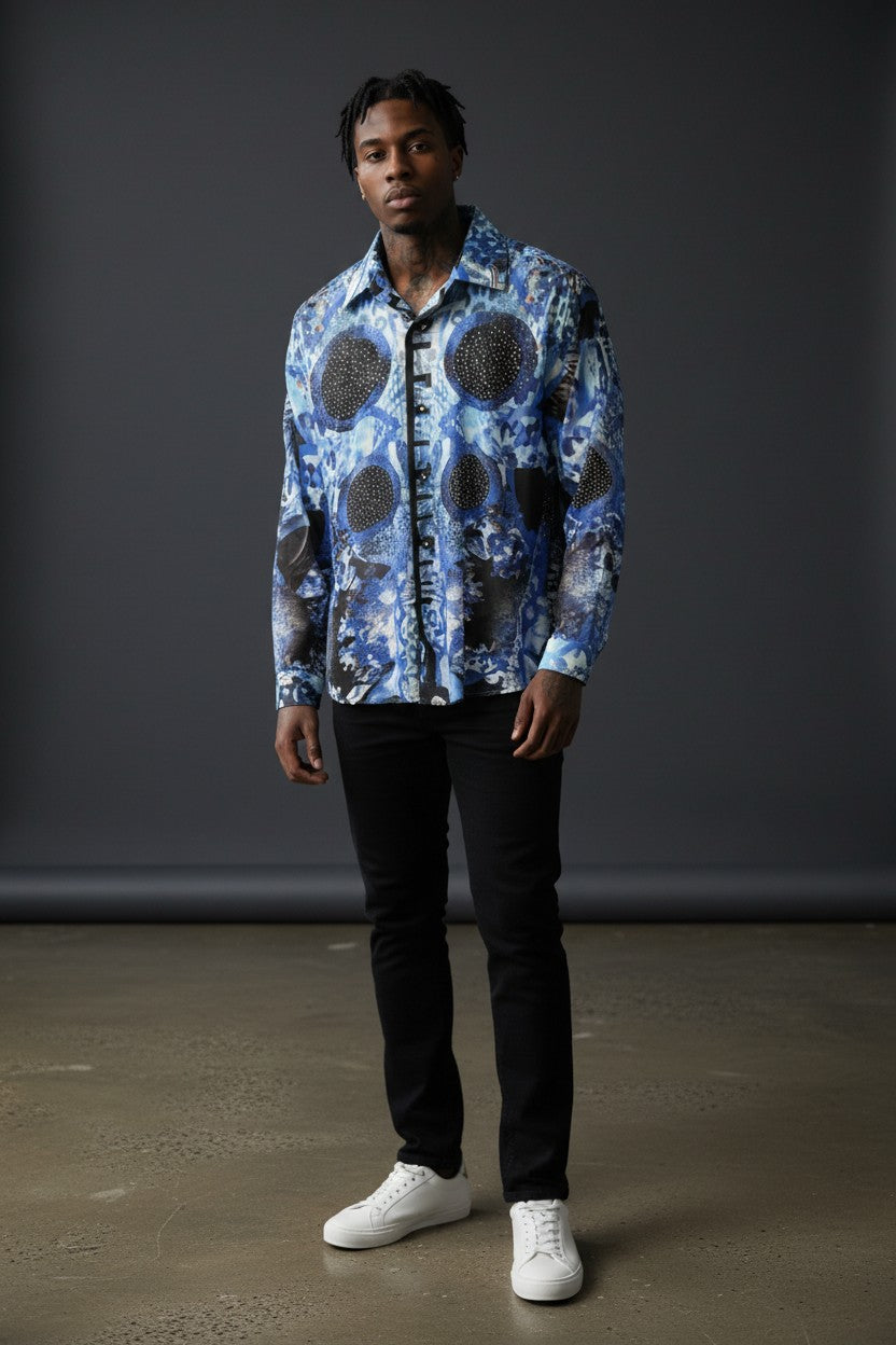 Vercini Blue Abstract Crystal Studded Button-Up Shirt — Mosaic Edition