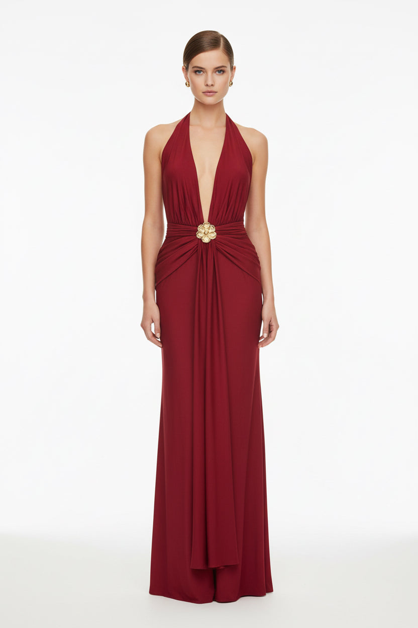 V NECKLINE LONG DRESS WITH DECORATIVE BROOCH