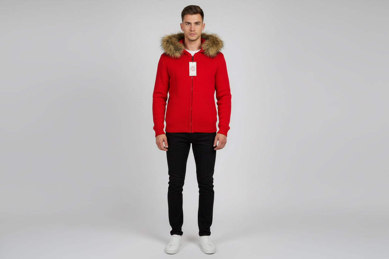Red jacket with fur hood on a hanger, featuring a brand tag.
